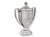 1960s English silverplate football trophy cup with elegant twin handles, fitted lid, and enamel Durham Football...