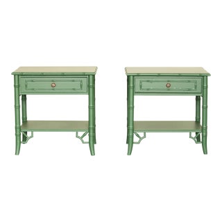 Pair of Faux Bamboo Green Nightstands For Sale