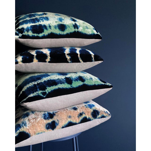 Hand Dyed Silk Velvet Pillow, Jade Green & Indigo Blue Inkblot Abstract Pattern For Sale In New York - Image 6 of 6