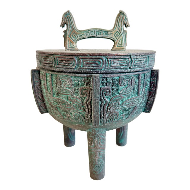 1960s Mid Century Modern James Mont Ice Bucket Asian Aztec Mayan Patinated Bronze VTG For Sale