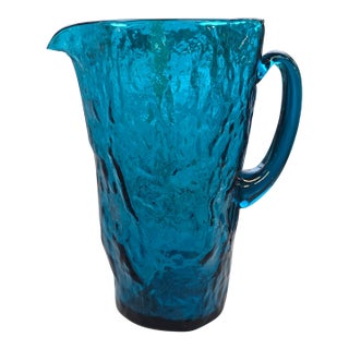 Vintage Peacock Blue Crackle Glass Pitcher For Sale