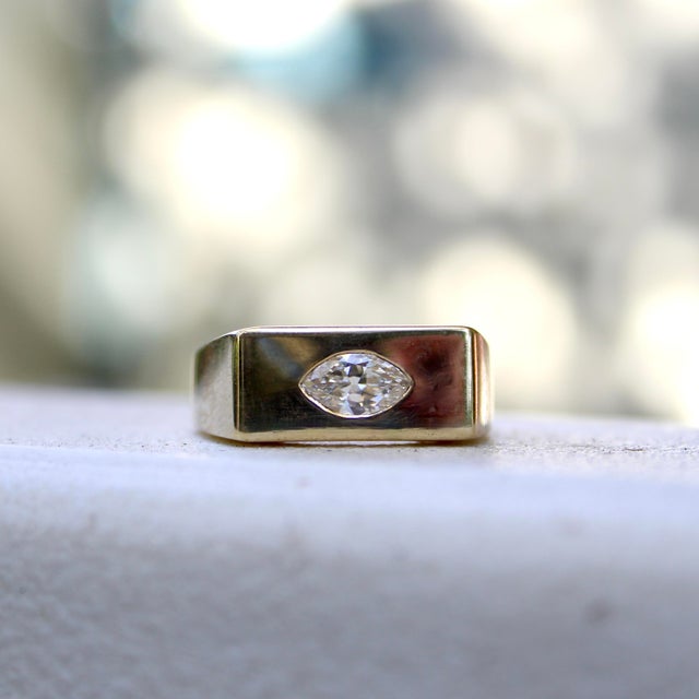 1990s 14k Gold Marquise Diamond Signet Ring, Size 6.5 For Sale - Image 10 of 11