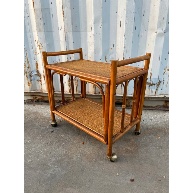 Wood Coastal Style Rattan Dry Bar/ Serving Cart in the Franco Albini's Manner. Circa 1970s For Sale - Image 7 of 18