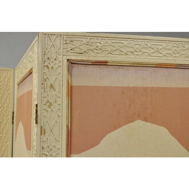 Vintage Oriental Fretwork Bone Lacquer Upholstered 6 Panel Room Divider Screen For Sale - Image 11 of 18