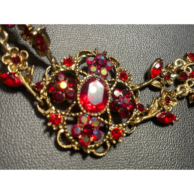 MCM Jewelry by Bohemian (Czech) Artisans. Panel Link Bracelet Large Faceted Oval Ruby Glass Stone, Surrounded by Quatrefoil-Arranged Floral Clusters. For Sale In South Bend - Image 6 of 8