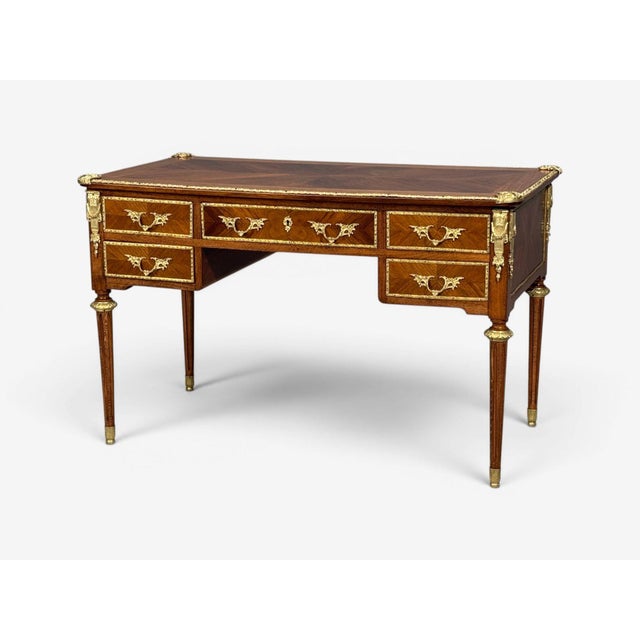Louis XVI Style, Writing Desk, Bookmatched Walnut, Bronze, France, 1920s A fully refinished Louis XVI style writing desk...