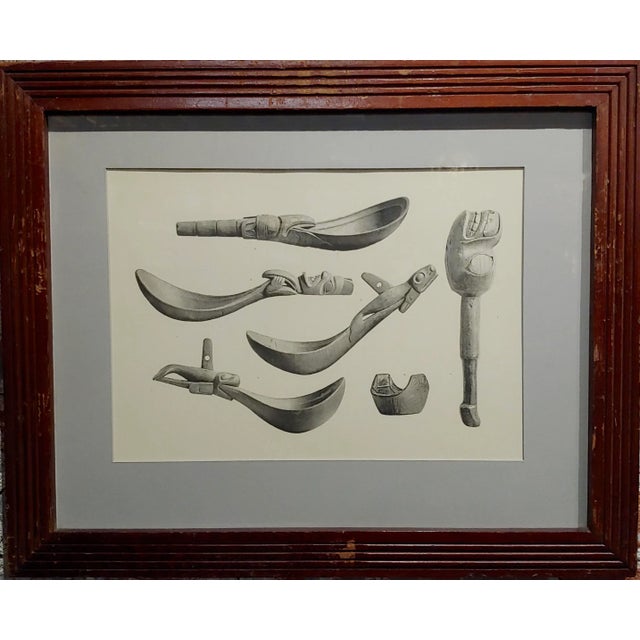 Inuit Antique Carved Tools - 19th century engraving. Engraving on paper under glass - circa 1860/80s. Frame size 20 x 18"...