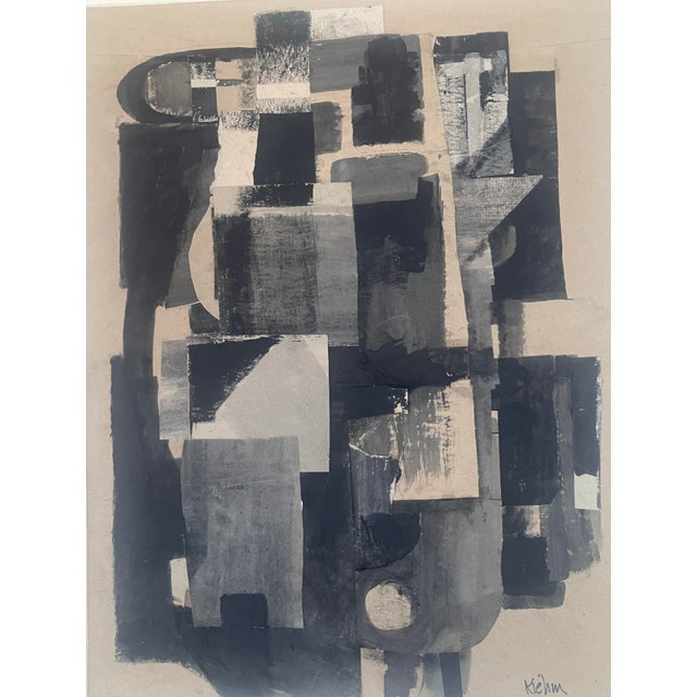 Layers of hand painted torn papers in various shades of black, grays on tan background form this cubist style abstract...