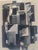Layers of hand painted torn papers in various shades of black, grays on tan background form this cubist style abstract...