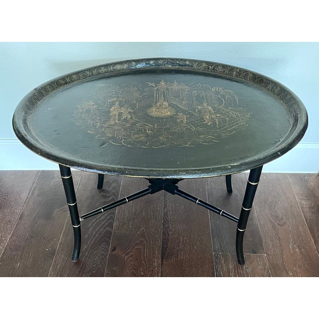 Chinoiserie Antique Late 1800s English Chinoiserie Paper Mache Tray Table For Sale - Image 3 of 18