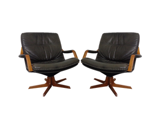 Set of Danish Teak & Leather Swivel Lounge Chairs from Berg Furniture, 1970s