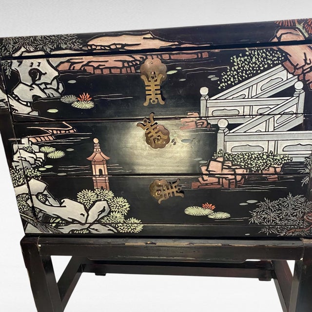 Asian Antique Mid-20th Century Chinese Black Lacquer 3-Drawer Cabinet on Stand With Incised Detail For Sale - Image 3 of 17