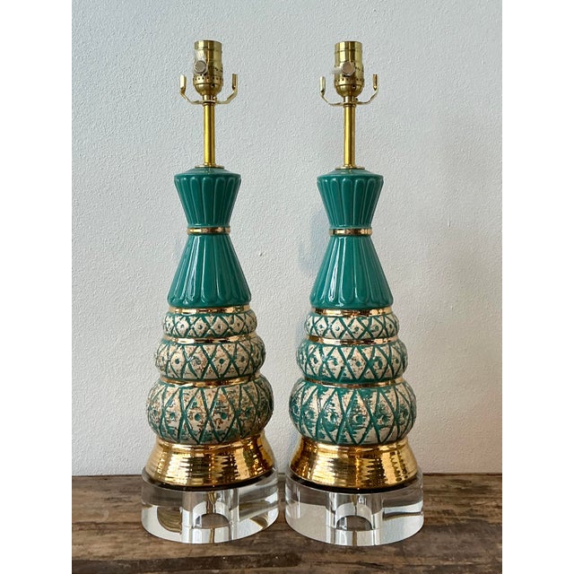 Ceramic Vintage MCM Glazed Ceramic Lamps - A Pair For Sale - Image 7 of 8
