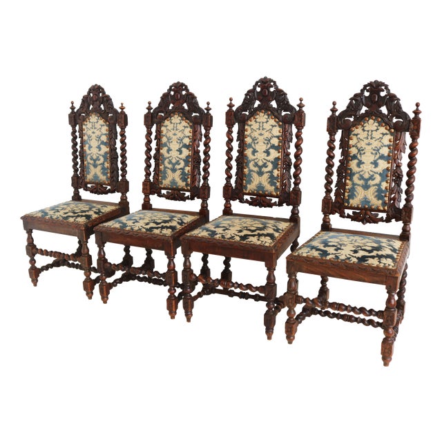 19th Century Renaissance Revival French Barley Twisted Chairs in Oak, 1870, Set of 4 For Sale
