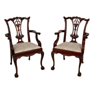 Pair Antique Chippendale Revival Carved Mahogany Ball & Claw Arm Chairs For Sale
