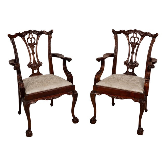 Pair Antique Chippendale Revival Carved Mahogany Ball & Claw Arm Chairs For Sale