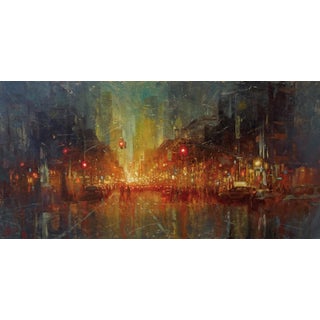 NYC - Central Park West by Christopher Clark | Oil on wood panel City street scene at night For Sale