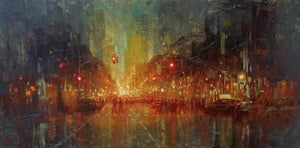 NYC - Central Park West by Christopher Clark | Oil on wood panel City street scene at night