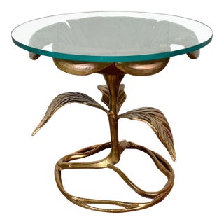 Vintage Walker Foundry Hollywood Regency Style Aluminum Gold Decorated Dogwood Table With Glass For Sale