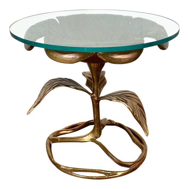 Vintage Walker Foundry Hollywood Regency Style Aluminum Gold Decorated Dogwood Table With Glass For Sale