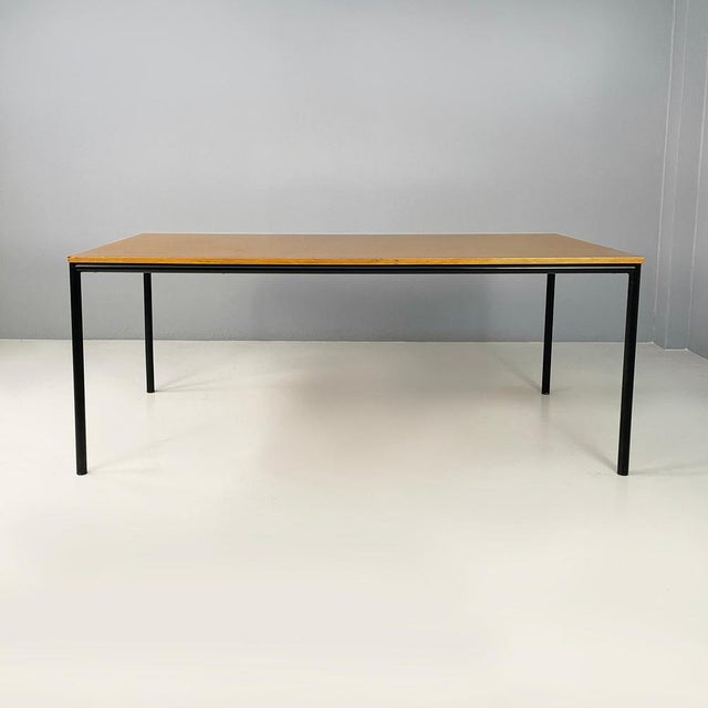Italian modern Dining table or desk in wood and black metal, 1980s Dining table or desk with rectangular top in light...