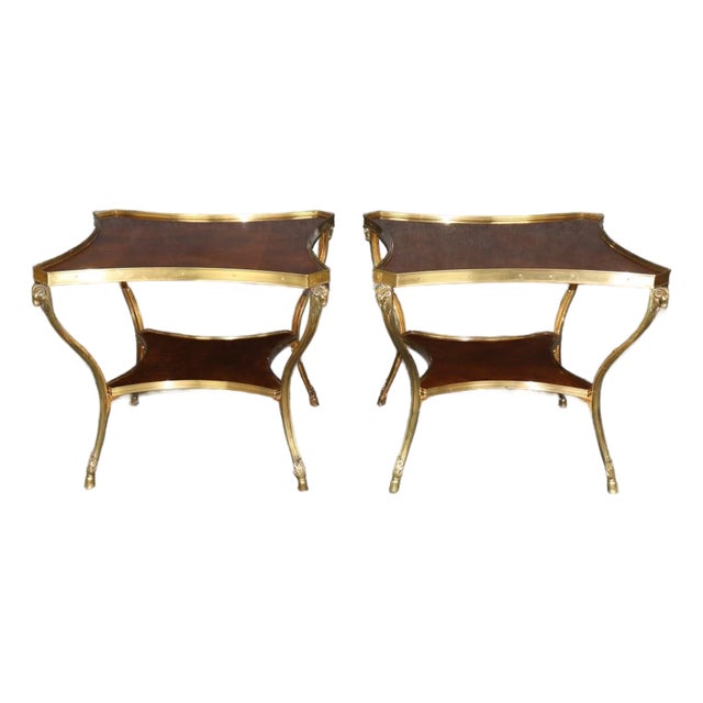 Pair of Directoire Style Brass Ramshead Two Tier Gueridon End Tables For Sale