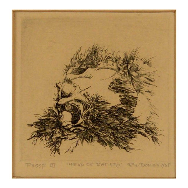 "Head of Batista", Miniature Mid Century Modern Abstract Etching, Proof III by Richard W. Downs For Sale