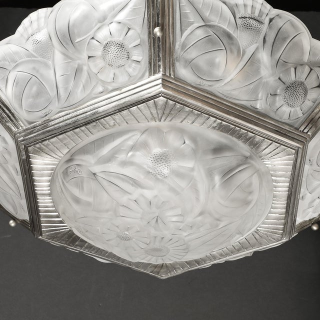 Pair of Art Deco Hexagonal Frosted Glass & Nickeled Bronze Chandeliers by Degue For Sale - Image 12 of 18