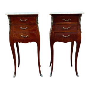 Mid 20th Century Pair Louis XV Style Metal Mounted Marquetry Marble Top Side Tables.