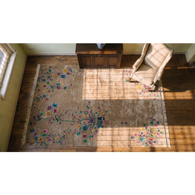 1920s Tan Sand Vase Floral Antique Chinese Art Deco Carpet 8'9" X 11'4" Knotted Wool Rug For Sale - Image 16 of 18