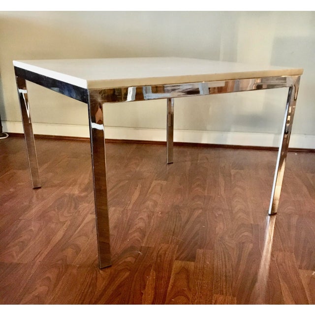 Mid century chrome base and Carrera marble top coffee table in the style of Knoll. Square in shape. Beautiful clean modern...