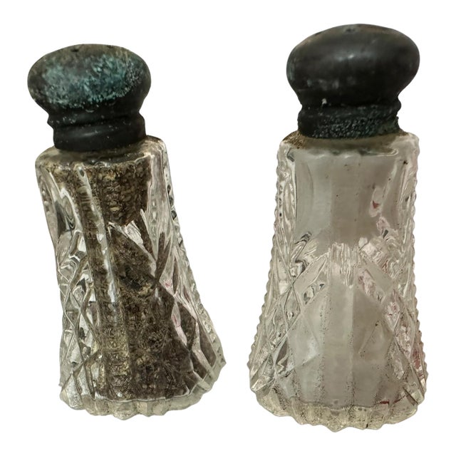 Vintage Cut Crystal Glass Sterling Silver Salt Pepper Shakers For Sale