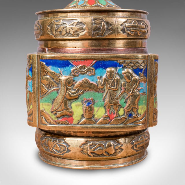 Pair of Small Antique Champleve Tea Caddies, Oriental Spice Pot, Edwardian, 1910 For Sale - Image 10 of 12