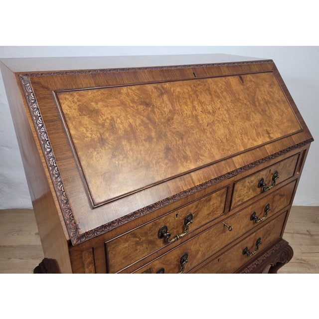 Antique Edwardian Secretary with Drawers in Carved Walnut and Leather, 1910 For Sale - Image 4 of 18