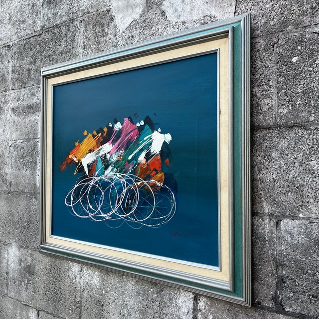 1980s Post Modern Abstract Wall Art Painting Framed and Signed by the Artist. Circa 1980s For Sale - Image 5 of 17