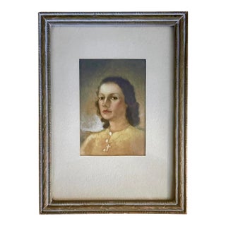 Antique 1930’s Petite Framed Watercolor Portrait Painting of a Brunette Lady / Woman in a Yellow Sweater, 1937 For Sale