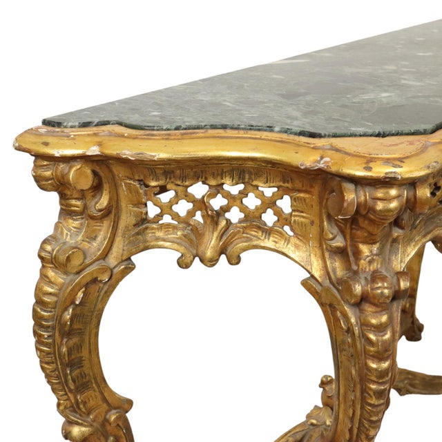 Gold French Louis XV Style Console Table in Gold Leaf Gilded Wood and Marble, 1890s For Sale - Image 8 of 18