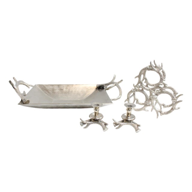 Antler Serving Set Includes: 1 Tray, 1 Wine Holder & 2 Candle Holders For Sale