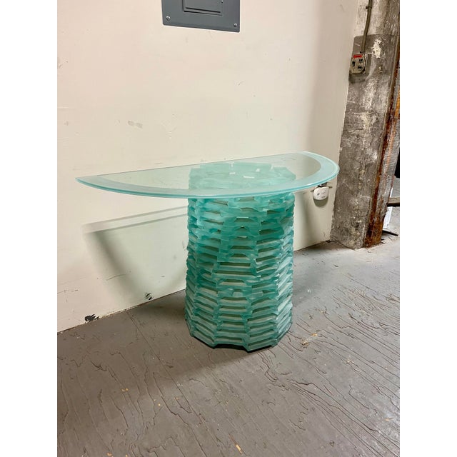 Stacked Glass Gueridon Ice Block Demilune Console Table. Frosted fused glass block base with frosted rim demilune glass...
