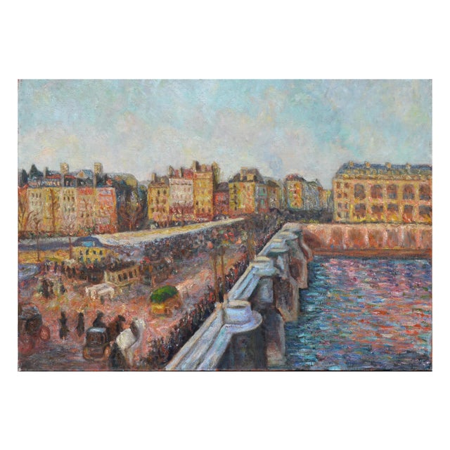 Mid 20th Century "Pont Neuf, After Pissarro" French Impressionist Style Street Scene Painting For Sale - Image 4 of 4