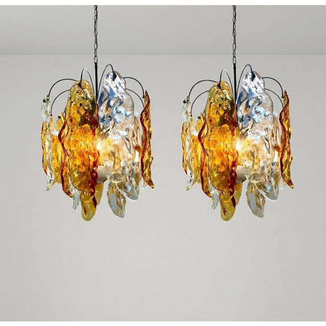 Mid-Century Modern 1960s Pair of Amber Murano Glass Leaf Chandeliers in the Style of Mazzega For Sale - Image 3 of 6