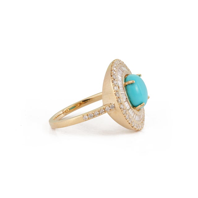 Metal Art Deco Revival 1.52ct Round Turquoise & Diamond Halo Ring Size 4 in 14k Yellow Gold For Sale - Image 7 of 17