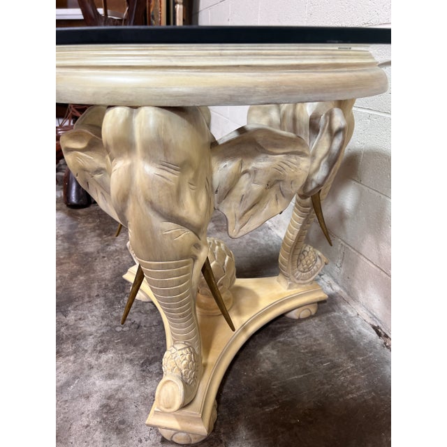 1980s Maitland Smith Triple Elephant Base Accent Table Glass Top For Sale - Image 5 of 11