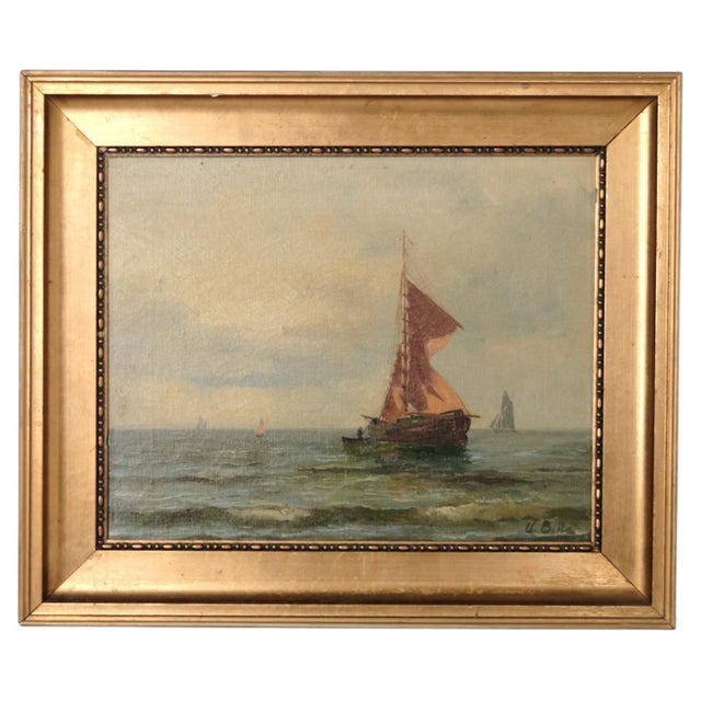 Blue Marine Scene with Sailing Ship, 1890s-1910s, Painting on Canvas, Framed For Sale - Image 8 of 8