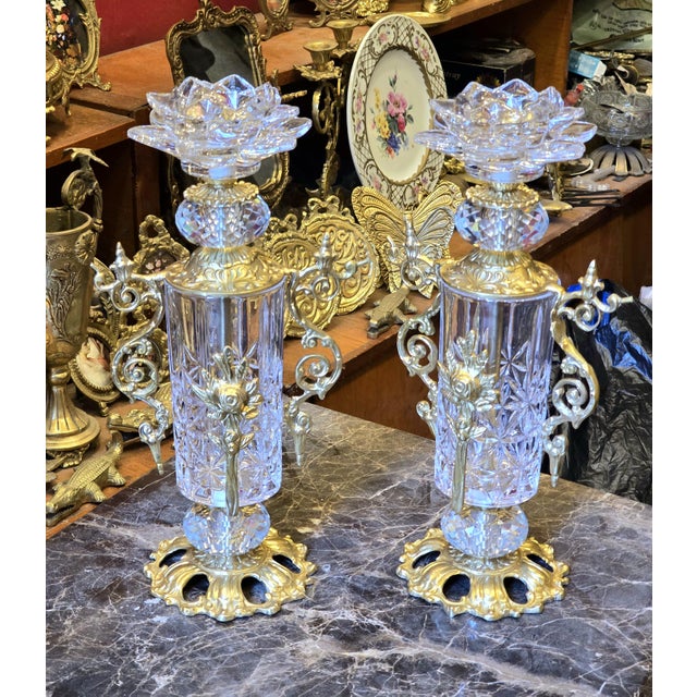 Italian Style Luxury Brass and Crystal Candlestick Set of 2 Decorative Accent For Sale - Image 4 of 4
