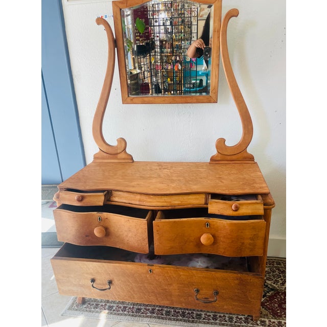 Victorian Antique Victorian Walnut Dresser With Swan-Neck Mirror Serpentine Front For Sale - Image 3 of 9