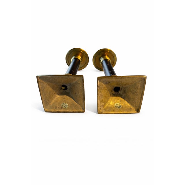 Pair of Hong Kong Black and Brass Candlesticks With Square Bases, 1970s – 12” For Sale - Image 4 of 5