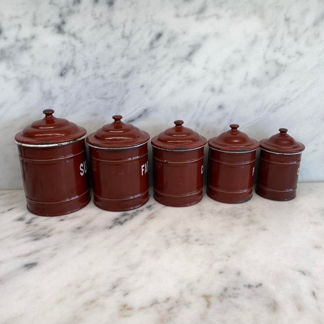 Set of Five French Reddish Brown Enamel Kitchen Canisters With Original Lids For Sale - Image 10 of 18