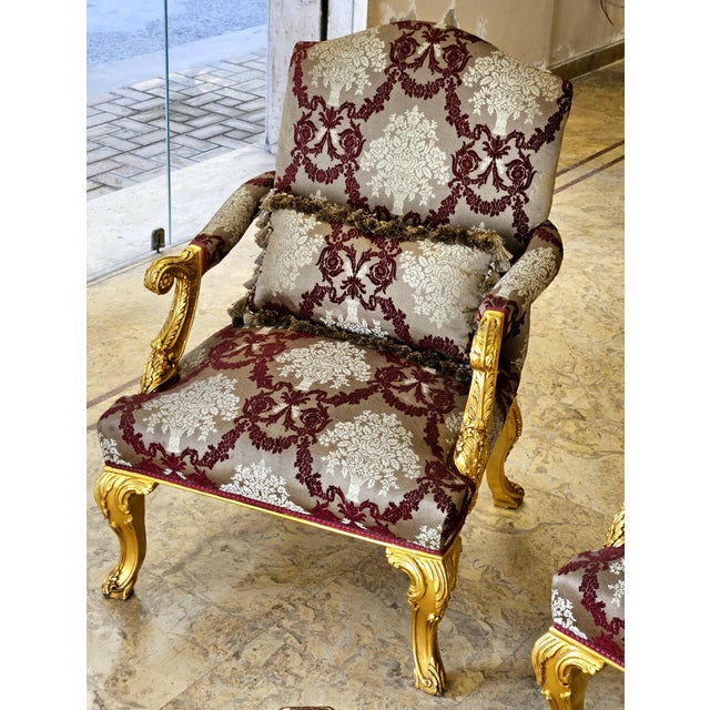 French French-Style Damask Armchair – Burgundy & Cream Upholstery With Ornate Gold Leaf Frame For Sale - Image 3 of 4