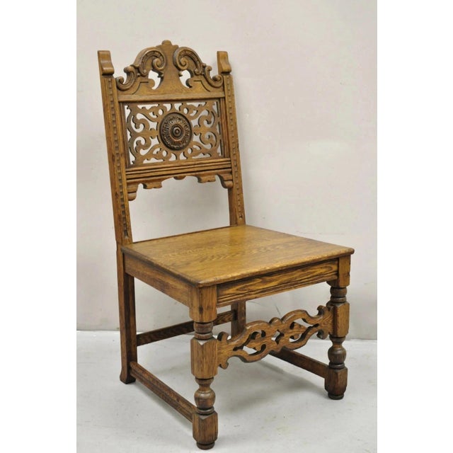 Antique Vanleigh Carved Oak Italian Renaissance Style Throne Dining Side Chair. Item features original label, solid oak...